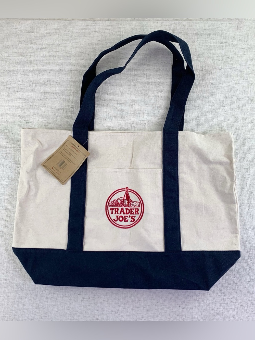 Trader Joe's large Canvas Tote Bag in Cream and Navy blue